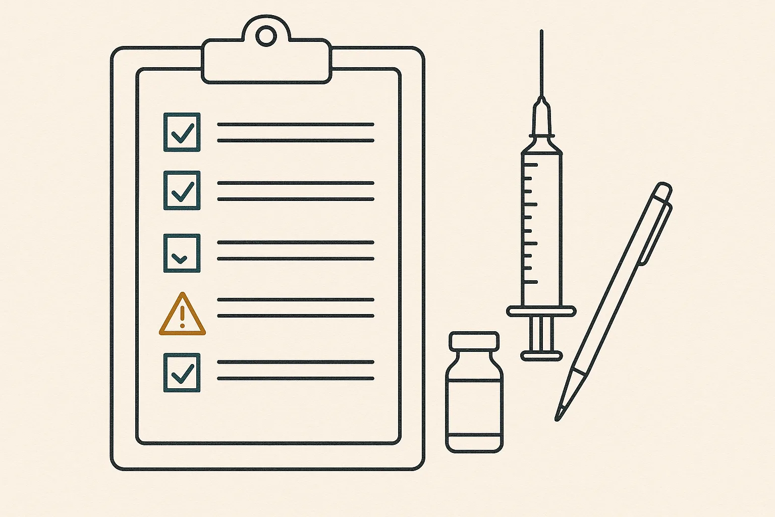 Duotone line drawing of a clipboard intake form with blank ruled lines and teal checkboxes, three ticked, one row flagged with an amber caution triangle, beside outline drawings of a syringe, a pharmaceutical vial, and a pen. No faces and no text are shown.