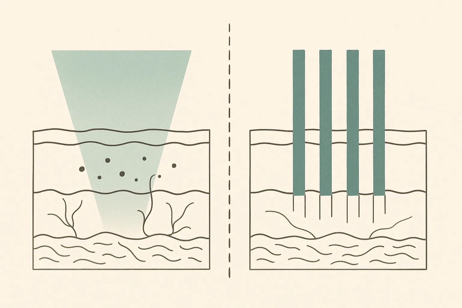 Wordless duotone schematic of two skin cross-sections side by side, separated by a dashed rule: on the left, a broad teal cone of intense pulsed light spreads diffusely into the upper skin layer toward scattered pigment dots; on the right, four narrow teal columns of a fractional ablative laser drill straight down through the skin layers with untouched skin between them. No face is rendered.