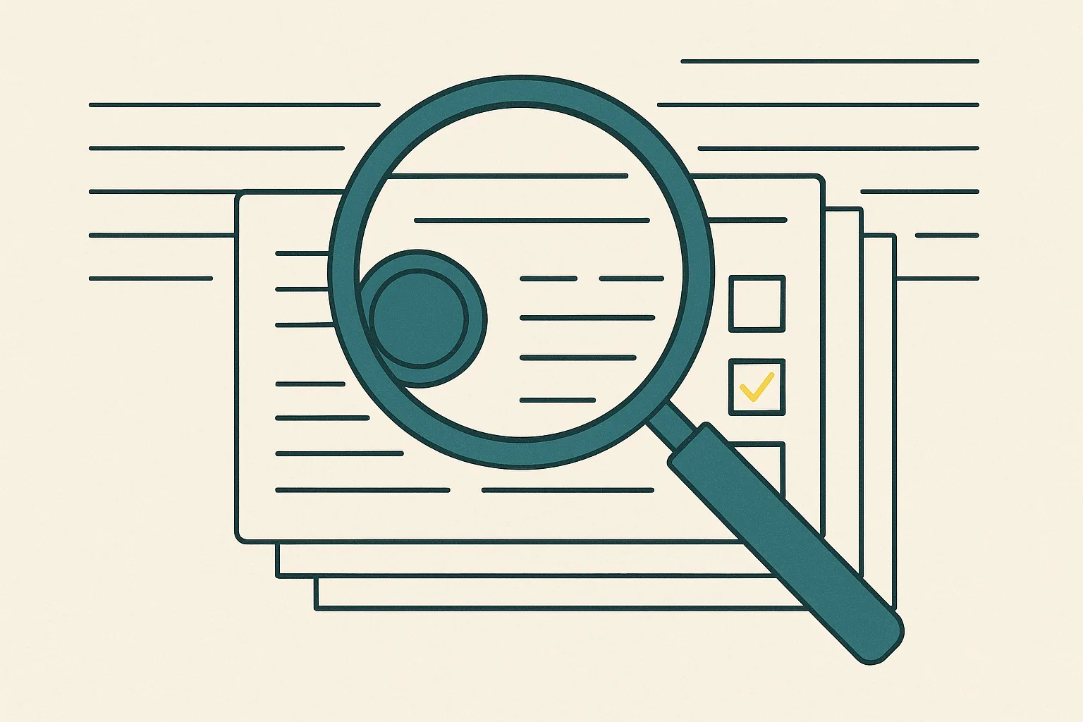 Duotone line diagram of a magnifying lens held over a stack of official license record cards; the top card shows an embossed seal and a row of checkboxes with one checked in amber. No faces are shown.