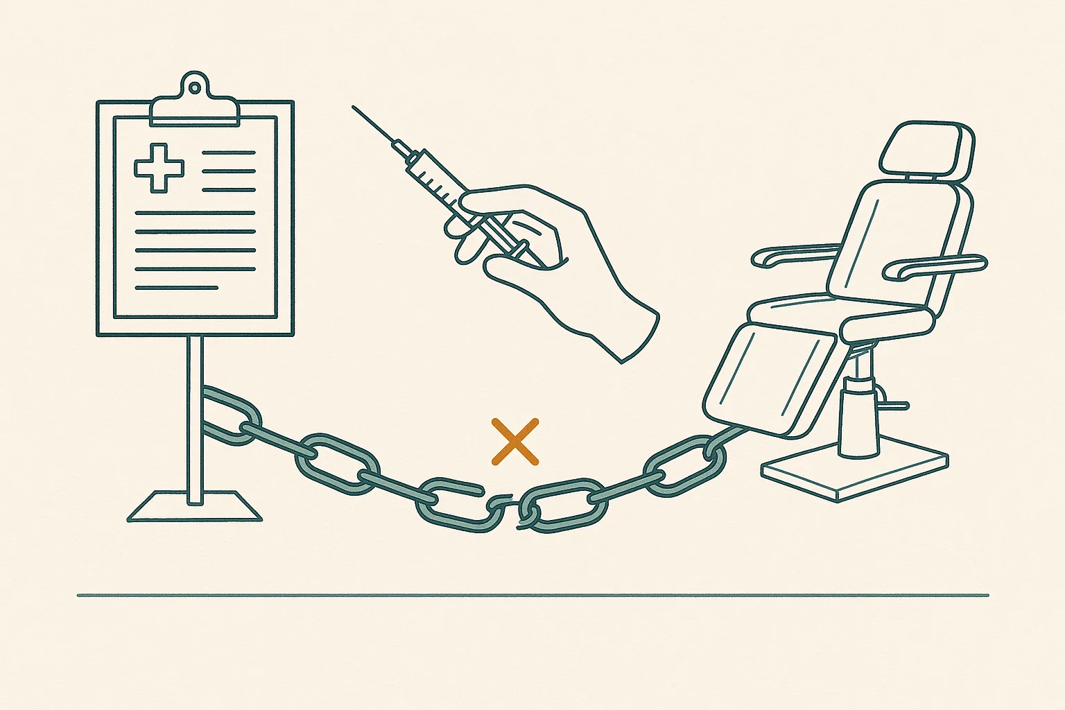 Duotone line diagram of a supervision chain: a prescriber's clipboard, a gloved hand holding a syringe, and an empty treatment chair, linked by a drawn chain with one broken link marked by an amber X. No faces are shown.